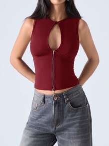 LYSMO 女士镂空拉链前背心 - 紅色 - 查看 3