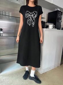 DAZY Women Bow Print T-Shirt Midi Dress Sundress,Casual Women Dresses