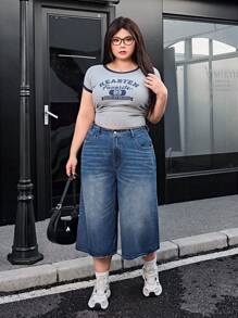 SHEIN EZwear Plus Size Casual Washed Wide Leg 7/10 Length Jeans - Dark Wash - View 6