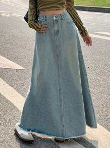 DAZY Women's Pocket Fringed Hem Long Casual Denim Skirt Jeans Skirt - Blue - View 7