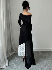 Lyxana 女士不对称领口披肩领紧身美人鱼连衣裙 - 黑與白 - 查看 2