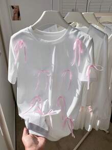 Comfortcana Plus Size Loose Fit Round Neck Romantic 3D Bow T-Shirt, Spring/Summer - White - View 1