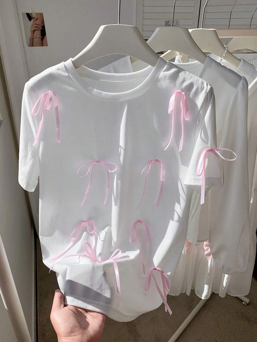 Comfortcana Plus Size Loose Fit Round Neck Romantic 3D Bow T-Shirt, Spring/Summer - White - View 1