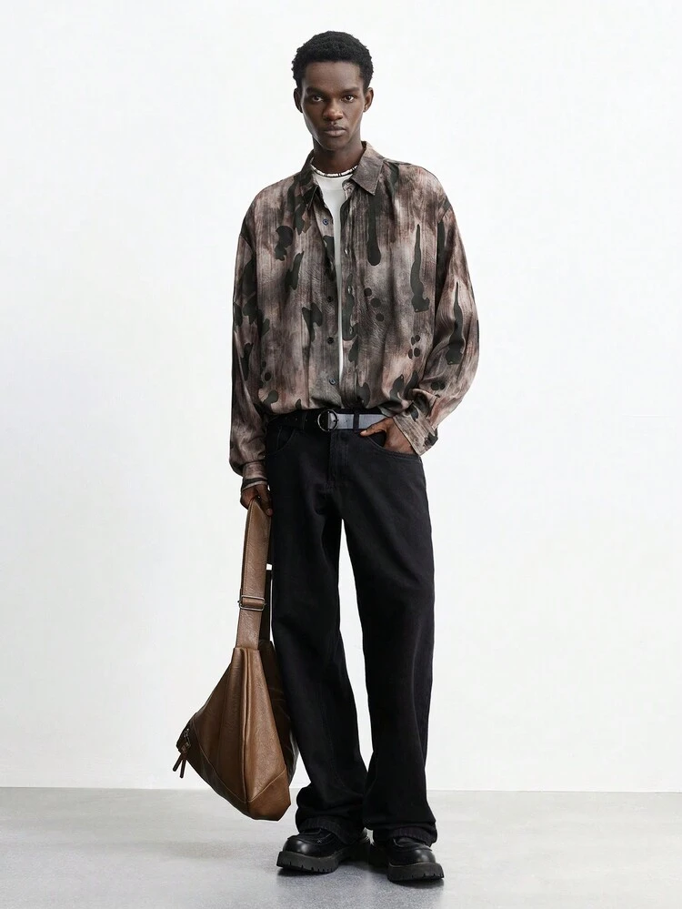 SHEIN Maija Men's 2025 Spring New Casual Style Front Button Long Sleeve Printed Loose Fit Shirt, Versatile For Daily, Date, Holiday, New Year Party, Travel, And Commute