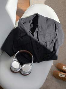 Comfortcana Women Summer Flap Pocket Knot Hem Crop Shirt,Short Sleeve Tops - Black - View 5