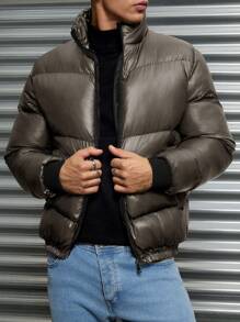 SHEIN Cottnline 男士基本款休闲风格特殊缝线设计修身夹棉大衣 - 駝色 - 查看 4