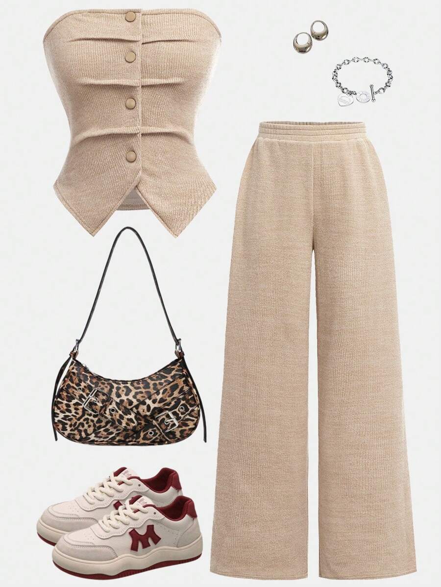 SHEIN Girlism 少女杏色针织抹胸带纽扣，腰部褶皱不对称下摆露背吊带背心和宽松阔腿裤两件套，休闲简约 - 駝色 - 查看 1