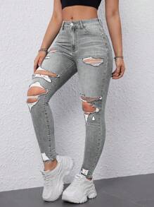 SHEIN EZwear 女士休闲洗水破洞紧身牛仔裤 - 灰色 - 查看 5