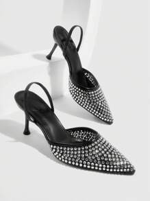 CUCCOO SZL Pointed Toe Crystal Decor Hollow Back Mesh Sexy Elegant High Heel Women Pumps Spring Shoes Spring Break Easter Prom Heels - Black - View 2