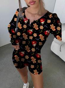 SHEIN Essnce Women's Cute Gingerbread Print Jumpsuit, Long Sleeve, Spring/Autumn