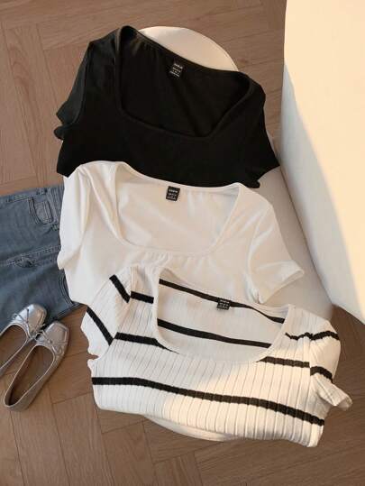 Comfortcana 3 件套大码黑白条纹纯色休闲 T 恤