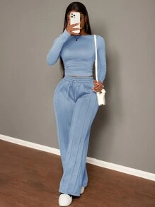 Slaydiva Setelan 2 potong: Celana Olahraga Wanita Kasual Model Lurus dengan Tali Serut Warna Cokelat dan Kaos Lengan Panjang Bergaris Warna Polos, Musim Gugur/Musim Dingin - Biru - View 7