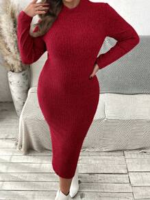 SHEIN VCAY Plus Size Solid Color Stand Collar Long Sleeve Slim Casual Dress