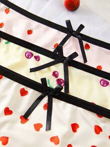 3pcs/Set Women Heart Print Bow Decor Hipster Briefs
