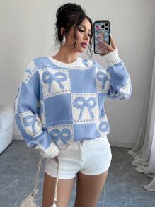 Selianne 2024 Round Neck Checkered Design Patchwork 3D Bow Knit Sweater Knit Pullover Fall Winter Sweater