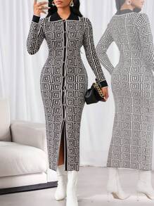 SHEIN Lady Váy len nữ cổ sơ mi và vạt áo hở có họa tiết hình học - Nhiều màu - Xem 1