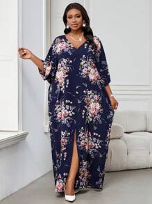 SHEIN Lady 春夏秋冬优雅海军蓝编织缺口长袍连衣裙大码连衣裙花卉印花连衣裙度假服装春夏优雅黑色编织 V 领短袖束腰外衣衬衫裙大码连衣裙万圣节服装女式长袍