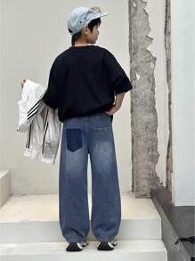 男童口袋简约破洞阔腿裤，休闲日常穿着 - 中等水洗藍 - 查看 7