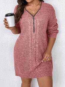 SHEIN Clasi Plus Size Solid Color Front Zip Up Knitted Sweater Dress, Casual For Autumn/Winter - Pink - View 1