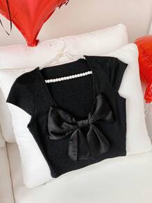Comfortcana Women's Elegant Solid Color Bow Decor Cropped T-Shirt - Black - View 7