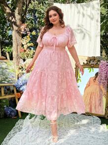 Flirla 大码春夏大码圆领复古浪漫优雅度假海滩大 A 字型分层连衣裙，后系带灯笼袖 - 粉色 - 查看 6