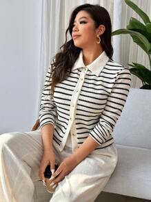 SHEIN Frenchy 大码休闲优雅条纹领开衫 T 恤 - 黑與白 - 查看 4