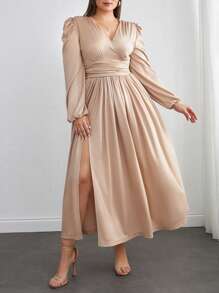 EURMUSE Plus Size Solid V-Neck Long Sleeve Slit Pleated Hem Dress - Beige - View 4