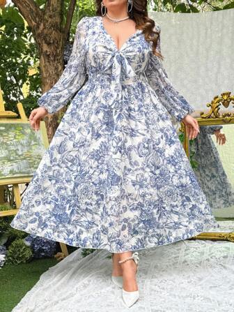 Lyrianda V 领碎花长袖收腰连衣裙，女士优雅修身海滩度假连衣裙