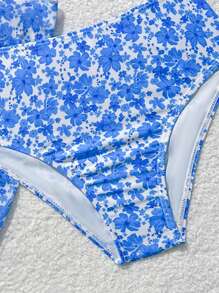 SHEIN 3pcs Tween Girl Swimwear Set, Printed Bikini Top And High Waist Bottoms With Skirt