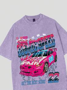 ROMWE MEN Street Life 男式赛车印花水洗复古短袖 T 恤，夏季高街风格