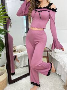 SHEIN Lace Trim Cold Shoulder Flare Sleeve Cute Women Sleepwear Pajama Set Holiday Season, Fall Winter Clothes Cozy And Elegant Details - Red Violet - View 3