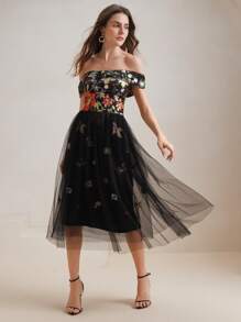 Anewsta Elegant Embellished 3D Floral Off Shoulder Waist Defined Fit And Flare Dress, Suitable For Summer, Sundress, Festival