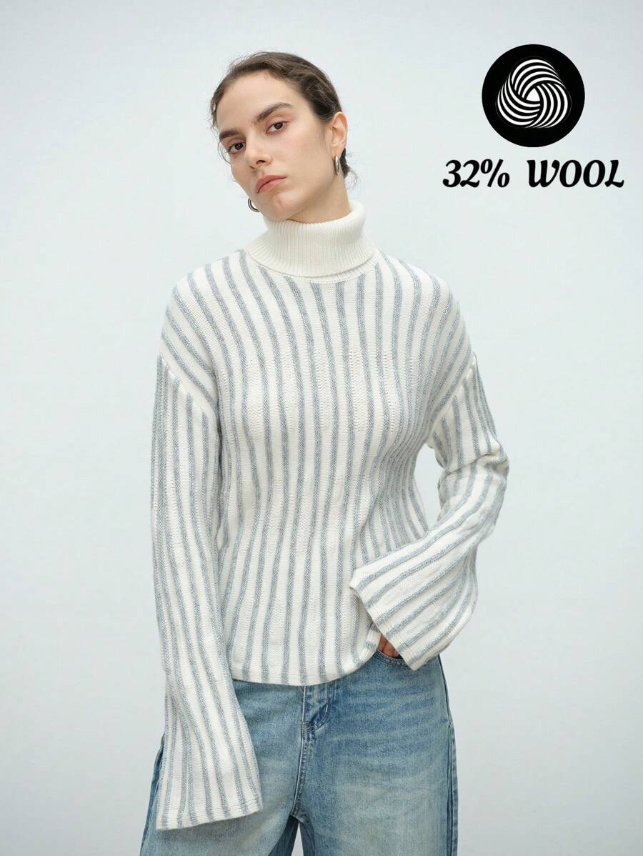 SHEIN LUNE 32% Wool Textured Design High Neck Versatile Knit Sweater For Women, Autumn/Winter New Arrival Knit Pullover Fall - Multicolor - View 1