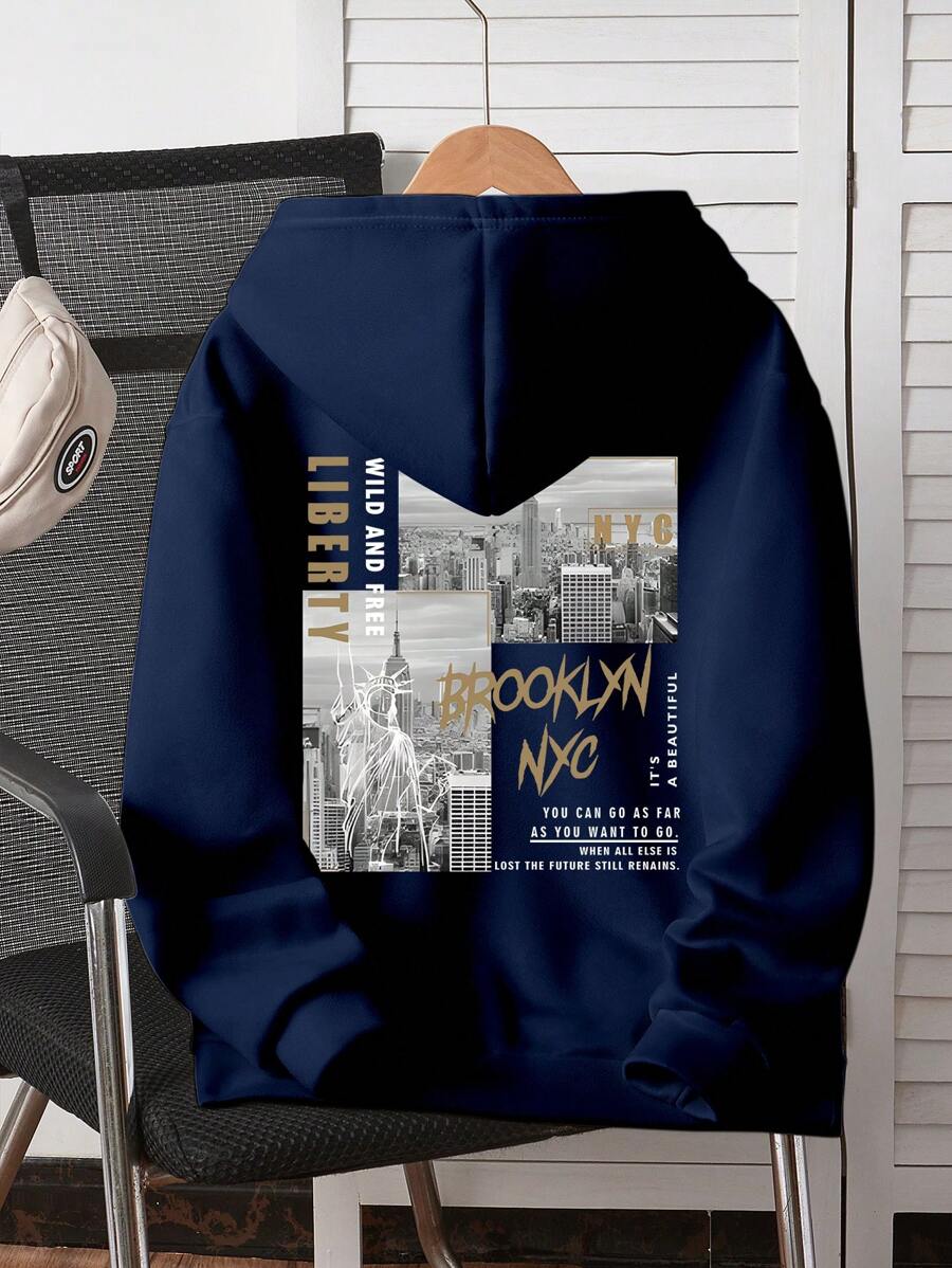 Teen Boy Simple Graphic Print Long Sleeve Hoodie Sweatshirt, Casual Daily Wear