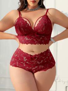 SHEIN 2pcs/Set Plus Size Women Lace Lingerie Set - Burgundy - View 4