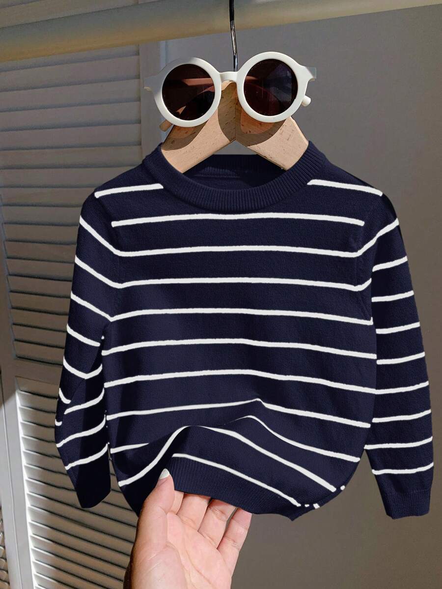 SHEIN 男宝宝中性休闲百搭黑白条纹弹力长袖圆领针织毛衣，适合幼儿园 - 彩色 - 查看 1
