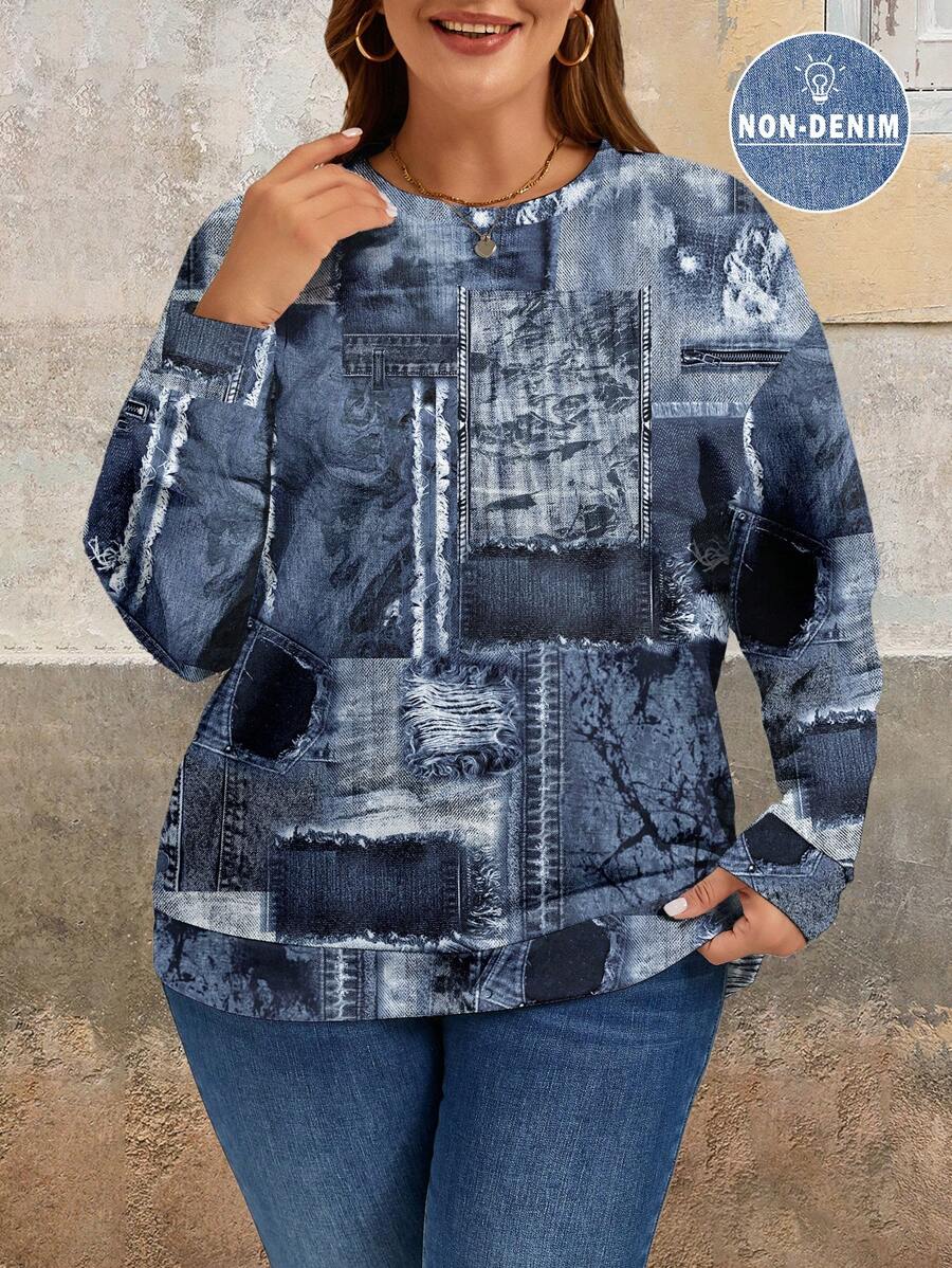 EMERY ROSE 大码女式休闲拼布图案圆领宽松长袖套头运动衫，秋冬