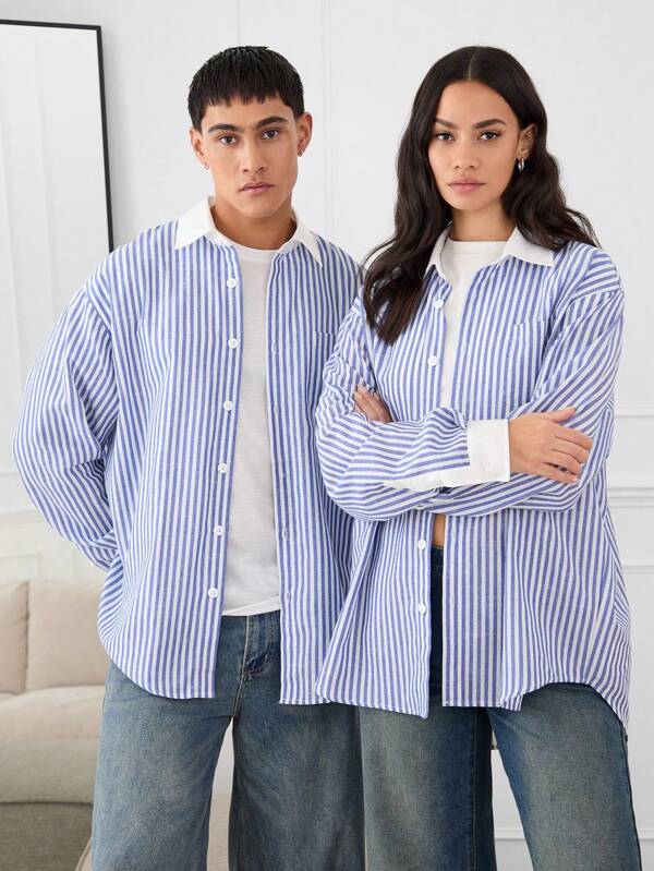 Manfinity INSISELF Unisex Woven Loose Fit Drop Shoulder Vertical Striped Long Sleeve Shirt