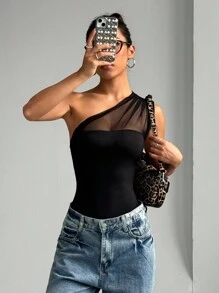 EgrlEra Nuevo body de verano con hombros oblicuos, volantes de malla y sin tirantes, de sexy al estilo europeo y americano para vacaciones y fiestas