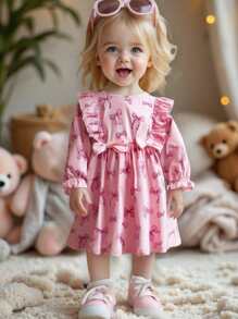 SHEIN Baby Girl Infant Autumn/Winter Casual Cute Basic Outing Round Neck Pullover Long Sleeve Soft Knit Fabric Heart & Bow Pattern Long Sleeve Dress Pink - Pink - View 1