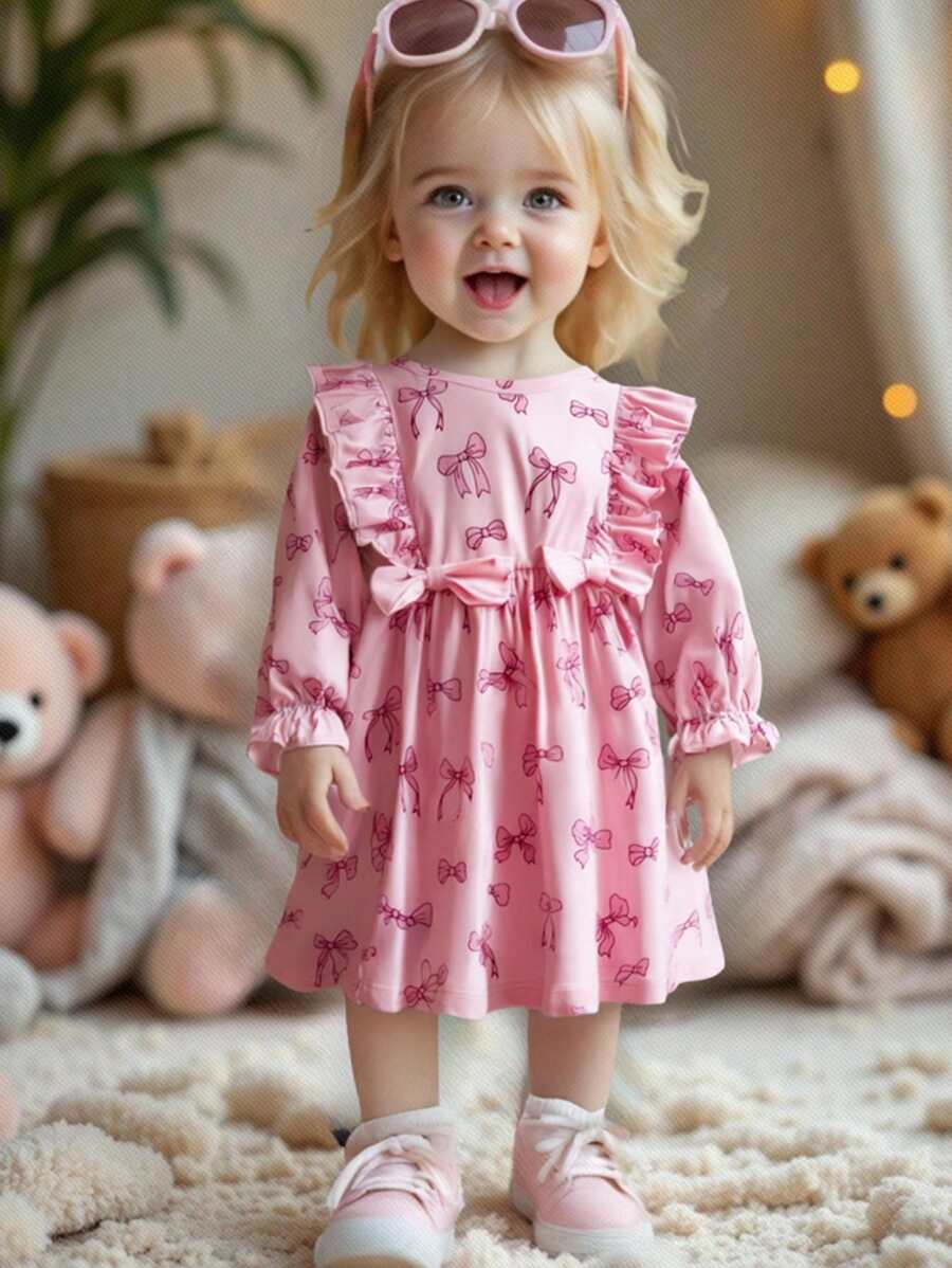 SHEIN Baby Girl Infant Autumn/Winter Casual Cute Basic Outing Round Neck Pullover Long Sleeve Soft Knit Fabric Heart & Bow Pattern Long Sleeve Dress Pink - Pink - View 1