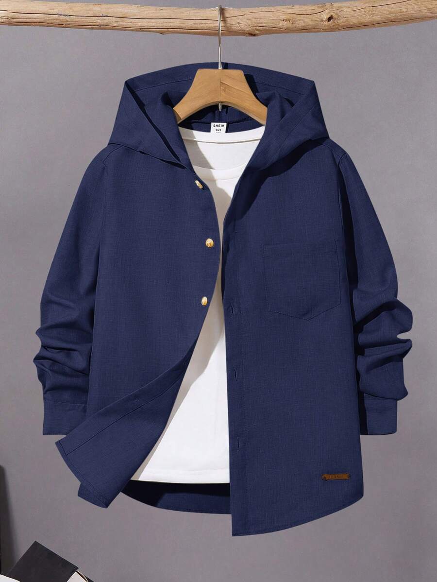 Koszula z kapturem Tween Boys Casual Solid Color Patch Pocket, odpowiednia na jesień, wiosnę, zimę, do zabawy na świeżym powietrzu, do szkoły, fotografii ulicznej, na imprezy i do wypoczynku w domu, wysoka wydajność kosztowa