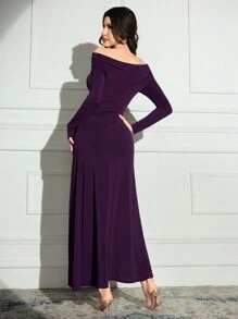 Modelyn Women's Solid Color Off Shoulder Long Sleeve Casual Long Arabic Style Dress
