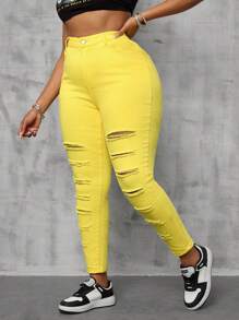 SHEIN SXY Plus Size Women Stretchy Yellow Distressed Skinny Jeans