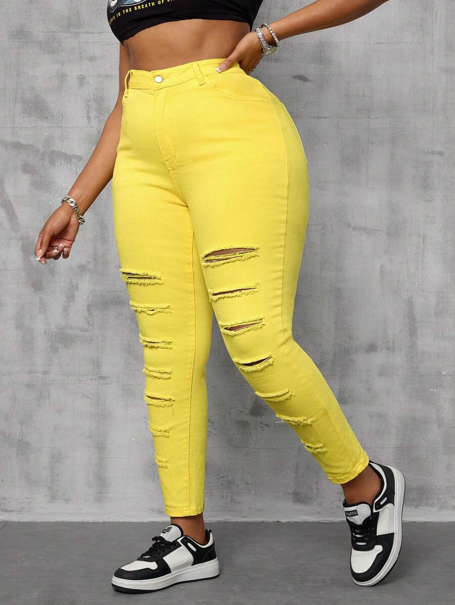 SHEIN SXY Plus Size Women Stretchy Yellow Distressed Skinny Jeans