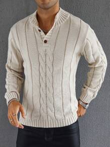 Manfinity Homme 男士纯色前扣长袖简约毛衣，休闲日常穿着 - 卡其色 - 查看 1