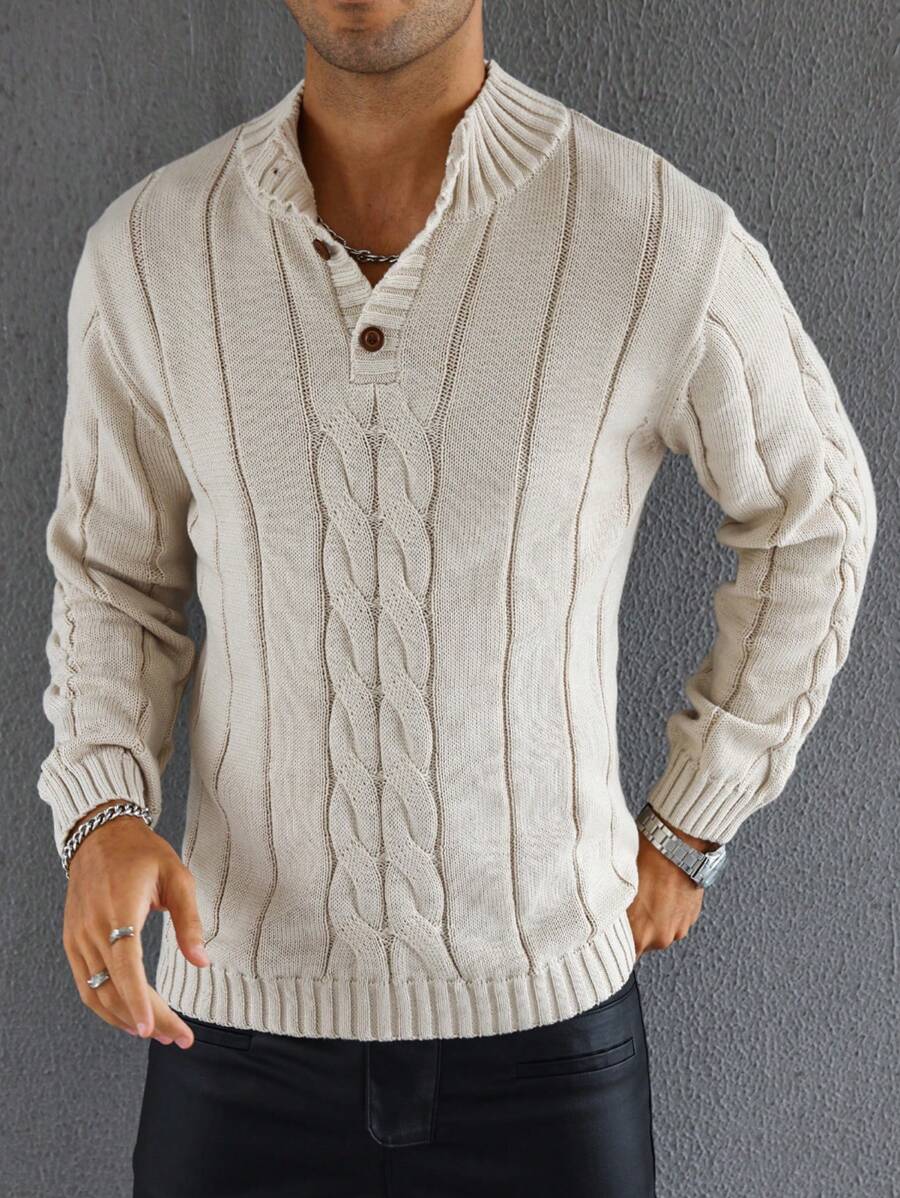 Manfinity Homme 男士纯色前扣长袖简约毛衣，休闲日常穿着 - 卡其色 - 查看 1