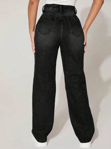 Slaydiva 拉绒面料保暖高腰破洞直筒蓝色牛仔裤 - 黑色 - 查看 6