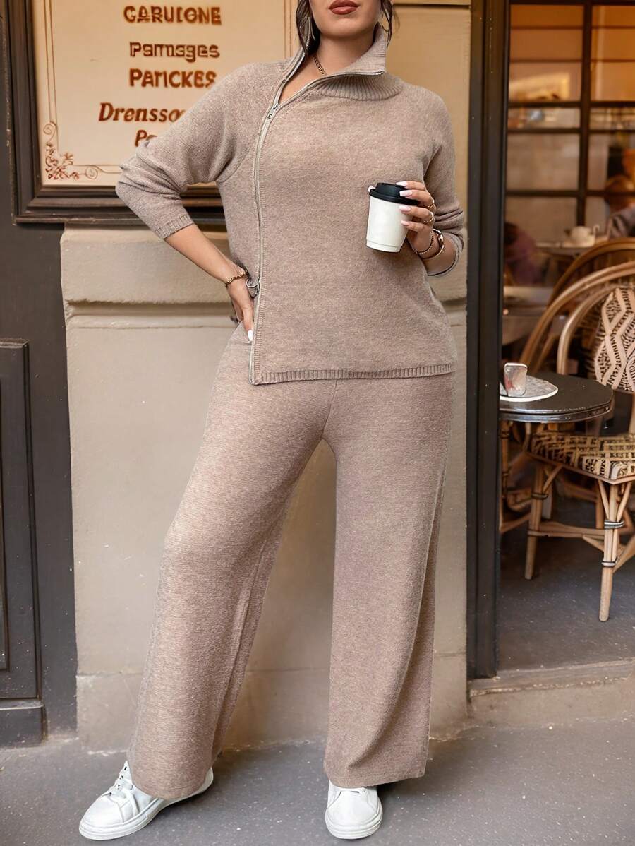 Calvaya Ensemble de Top en tricot à manches longues avec fermeture éclair avant de couleur unie et pantalon long, grande taille