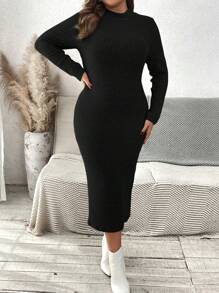 SHEIN VCAY Plus Size Solid Color Stand Collar Long Sleeve Casual Slim Fit Dress - Black - View 4